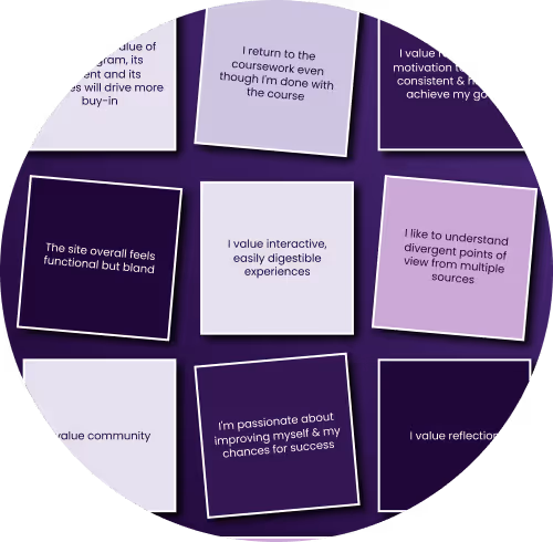 Grid of student reflections and value statements on a dark purple background.