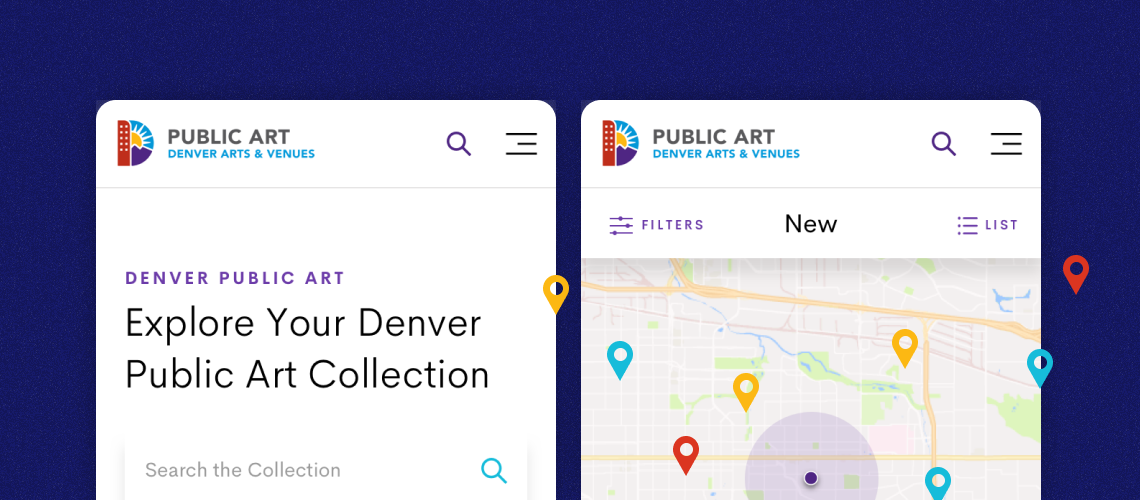 Mobile screens showing the Denver Public Art Collection search and map interface.