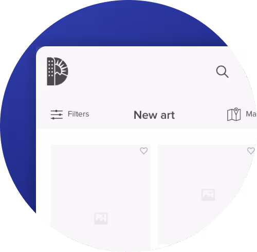 User interface mockup showing a filterable gallery for new art, with a Denver-themed logo and map view toggle.