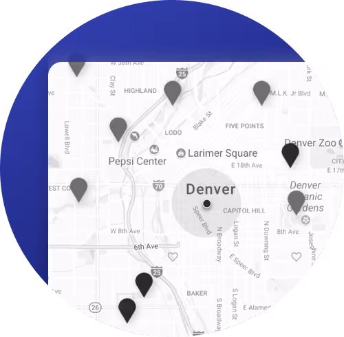 Map interface of Denver with black location pins indicating art installations across the city.