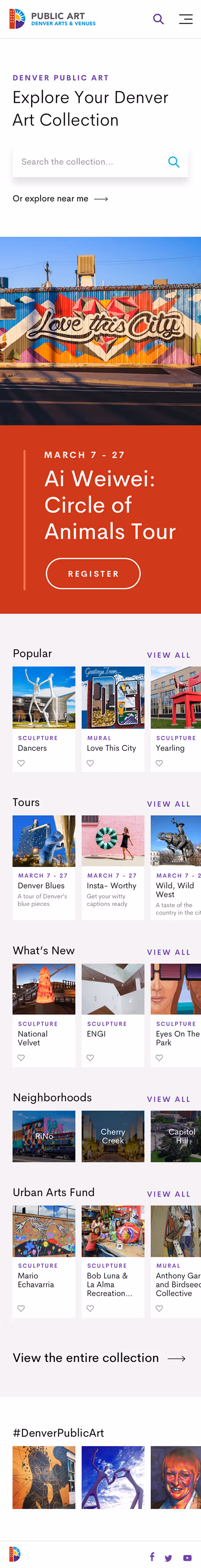 Mobile homepage of the Denver Public Art collection showing search functionality, featured tours, popular artworks, and neighborhood-based filters.