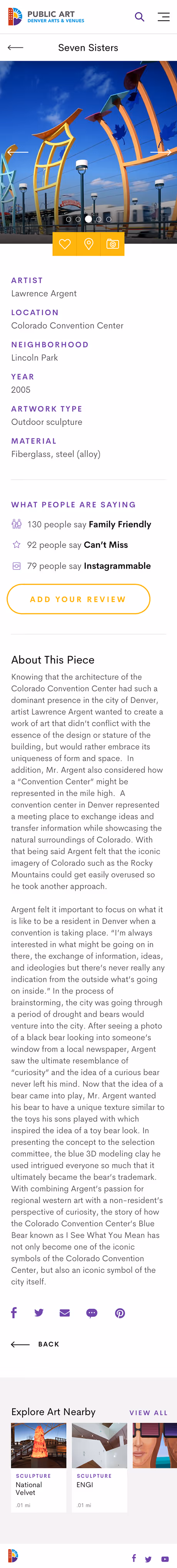 Mobile view of a Denver public art listing for 'Seven Sisters' with photo, artist details, user reviews, and descriptive text about the sculpture.