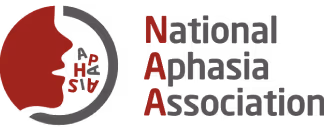 National Aphasia Association logo featuring a silhouette of a head with fragmented letters and the acronym NAA in red.