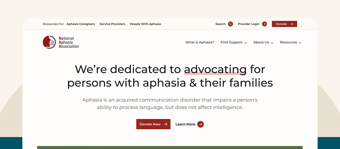 Homepage of the National Aphasia Association website with a mission statement advocating for people with aphasia and their families.
