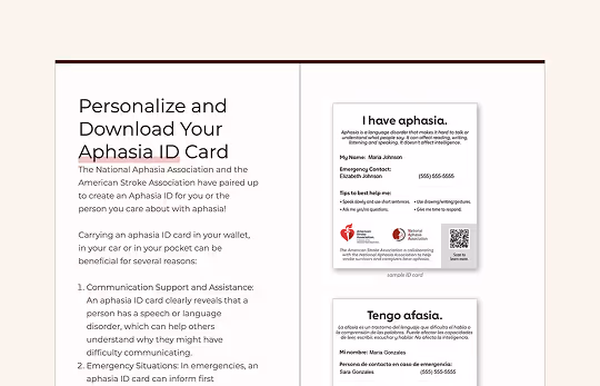 Aphasia ID Card page offering downloadable cards in English and Spanish to support individuals with aphasia in communication and emergencies.
