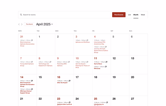 Monthly calendar view for April 2025 displaying various aphasia-related events including support groups and educational sessions.