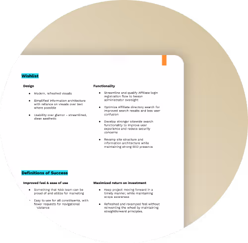 Document with wishlist and success definitions for a website redesign project, including goals for design, functionality, and ROI.