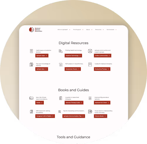 National Aphasia Association digital resources page displaying links to apps, guides, quizzes, and therapy tools for people with aphasia.