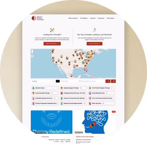 Interactive provider directory map on the National Aphasia Association website, showing service locations across the U.S. with search and filter tools.