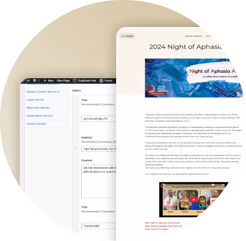 Side-by-side view of a WordPress backend editor and a public-facing webpage for the 2024 Night of Aphasia event.