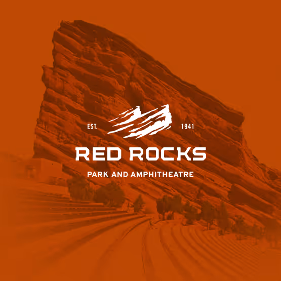 Stylized image of Red Rocks Amphitheatre with a bold orange overlay and white logo text reading 'Red Rocks Park and Amphitheatre, Est. 1941.'