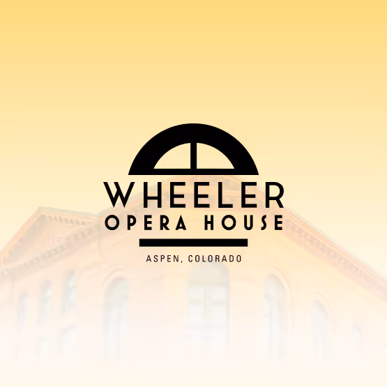 Wheeler Opera House logo overlaid on a faded image of the historic building in Aspen, Colorado, with a yellow gradient background.