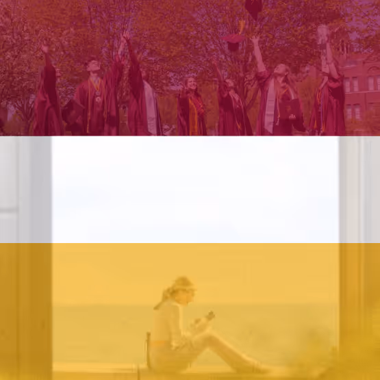 Layered image showing graduates throwing caps in the air, a person reading by a window, and abstract white and gold overlay.