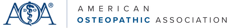 American Osteopathic Association logo with stylized letters and a caduceus symbol, accompanied by the full organization name.