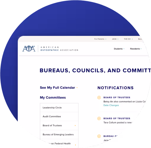 Dashboard view of the AOA site showing committee list and recent notifications for board members.