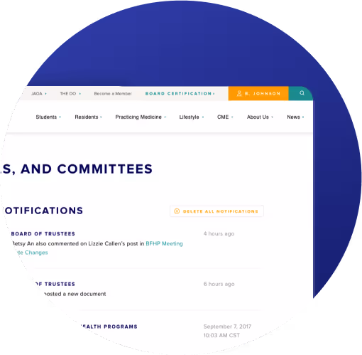 Top navigation menu and notification panel of the AOA website showing user profile and recent board updates.