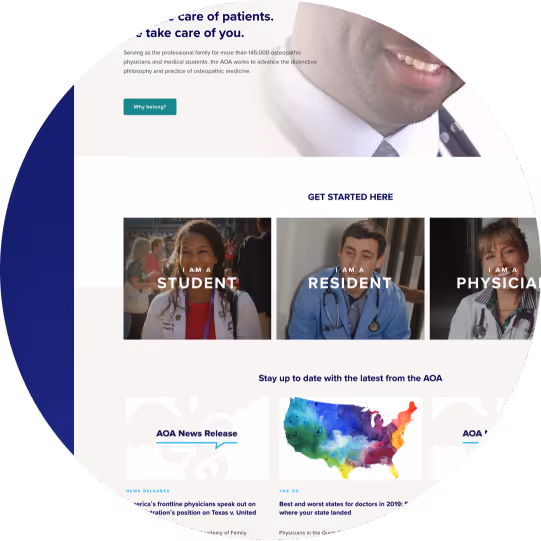 AOA homepage section with welcome message and quick links for students, residents, and physicians.