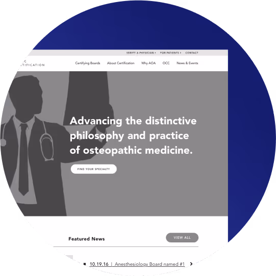 Wireframes for the AOA certification homepage with headline promoting osteopathic medicine and a button to find medical specialties.