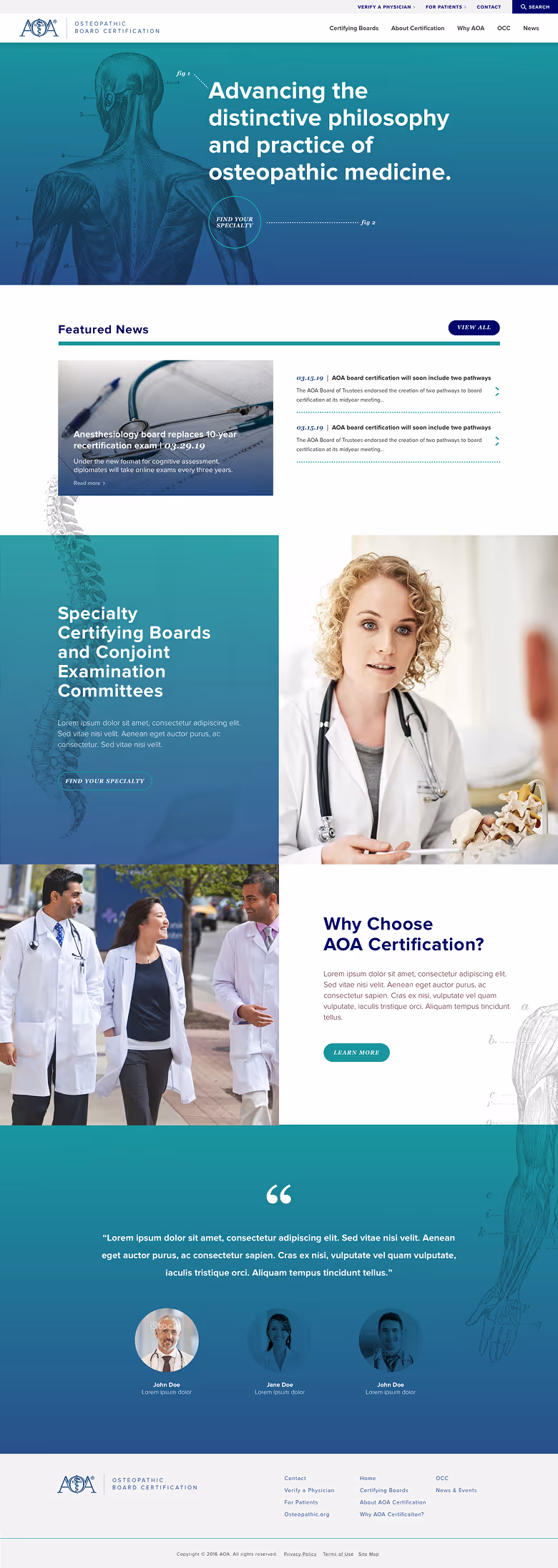 American Osteopathic Association homepage featuring mission statement, student and physician pathways, latest news articles, member benefits, and testimonials.