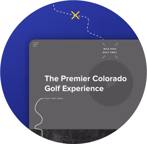 Website interface for Mile High Golf Trail with the headline ‘The Premier Colorado Golf Experience’ and a stylized map path with a yellow X.