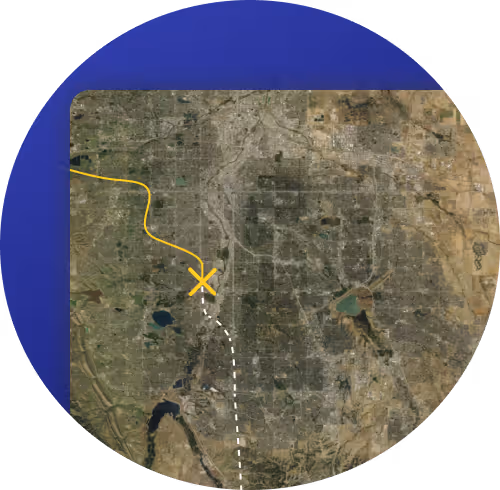 Aerial map of the Denver area with a yellow path and X marking a point along the Mile High Golf Trail route.