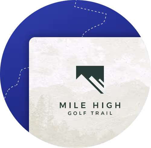 Mile High Golf Trail logo on a textured background with faint mountain illustrations and a stylized map trail overlay.