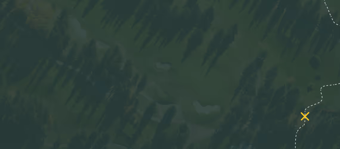 Aerial view of a tree-lined golf course with bunkers, overlaid with the Mile High logo and a white dotted path and yellow X.