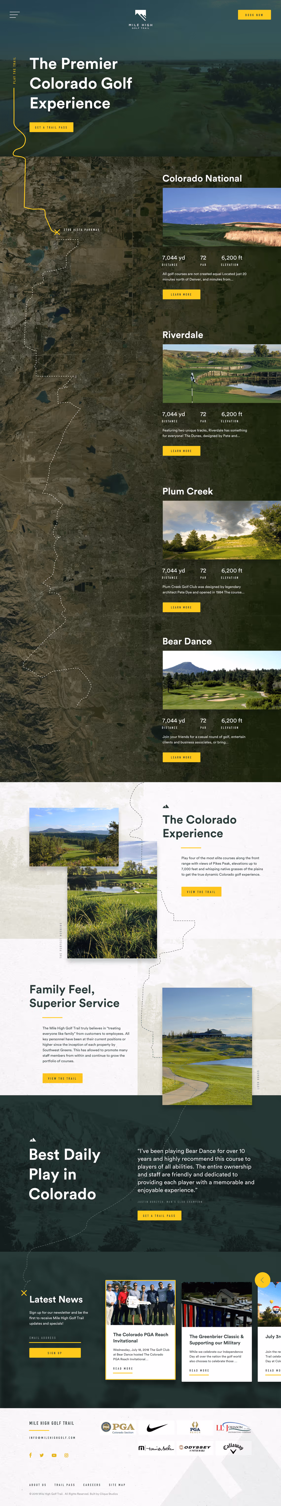 Mile High Golf Trail homepage showcasing featured Colorado golf courses, trail map, scenic images, and latest news.