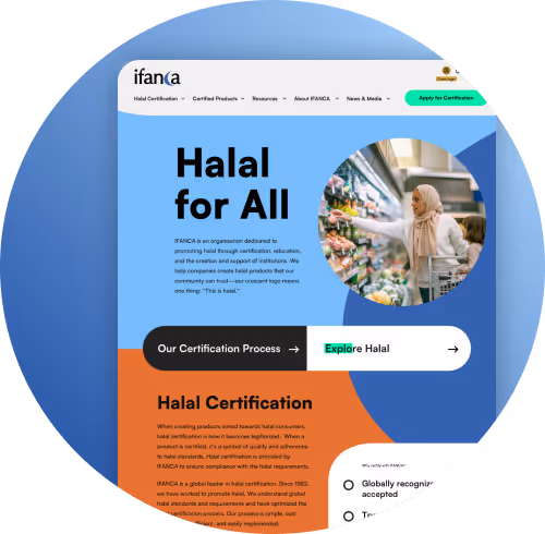 Screenshot of IFANCA's homepage featuring the tagline "Halal for All" with a photo of a woman grocery shopping.