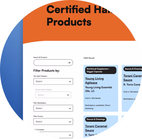Product search and filter page displaying certified Halal products and filtering options.