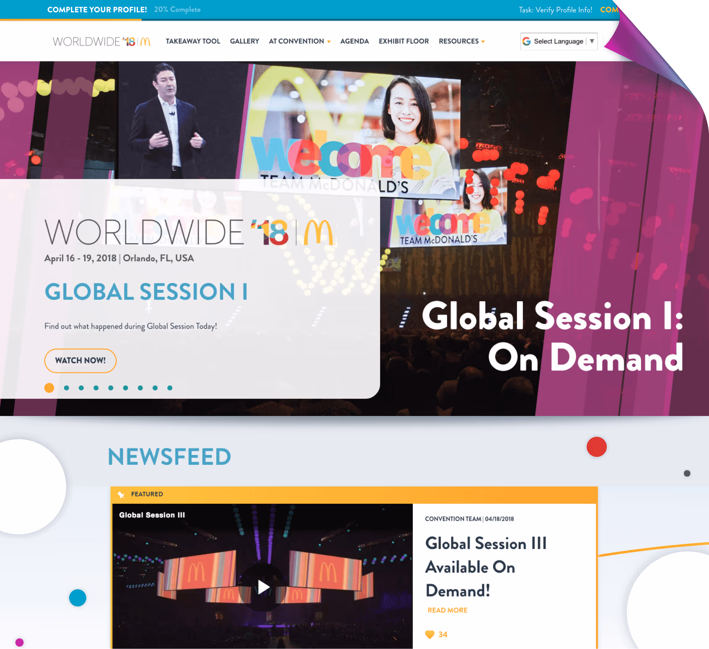 McDonald’s Worldwide 2018 convention website. Banner highlights Global Session I on demand. Newsfeed section below features Global Session III available on demand, with images of stage screens showing the McDonald’s logo.