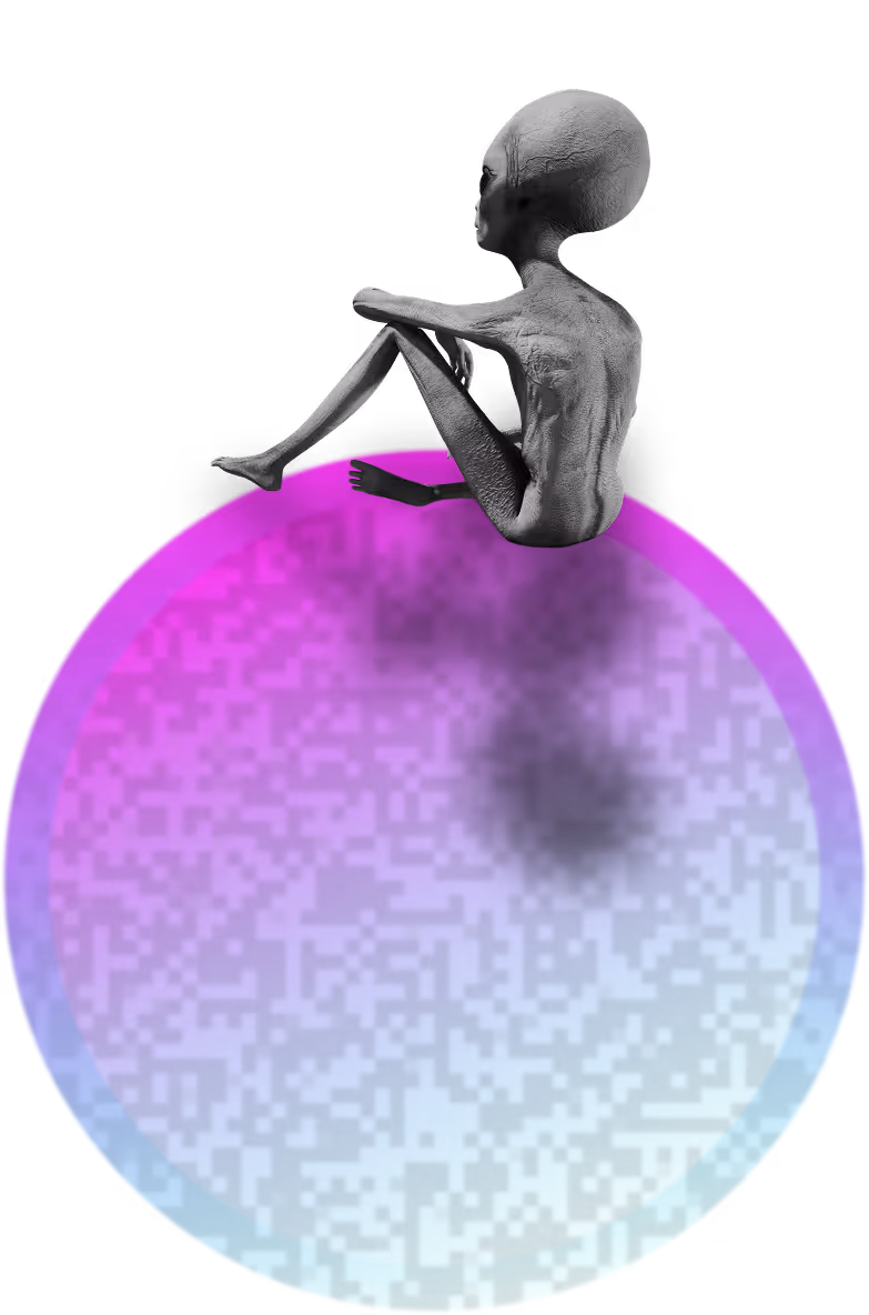 A purple and blue gradient plant with a alien sitting on top of it, with their back facing towards you