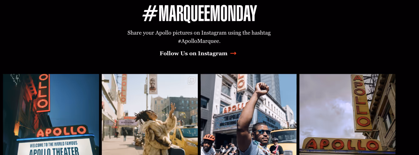 Apollo Theater website section titled #MarqueeMonday featuring Instagram photos of visitors and the iconic Apollo marquee.