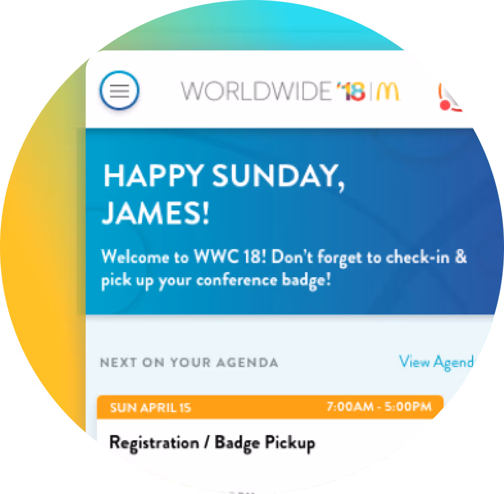 Mobile app interface showing a welcome screen that says Happy Sunday, James!