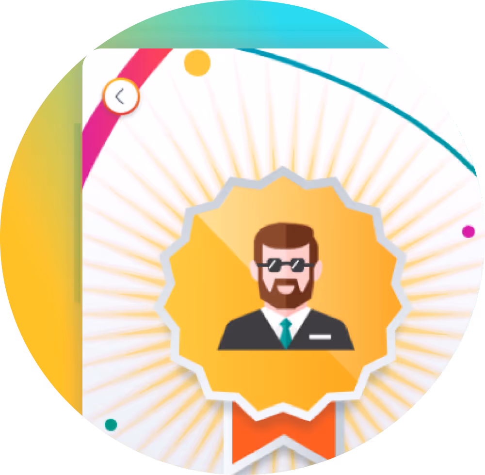 Illustrated badge icon of a professional avatar on a colorful background.