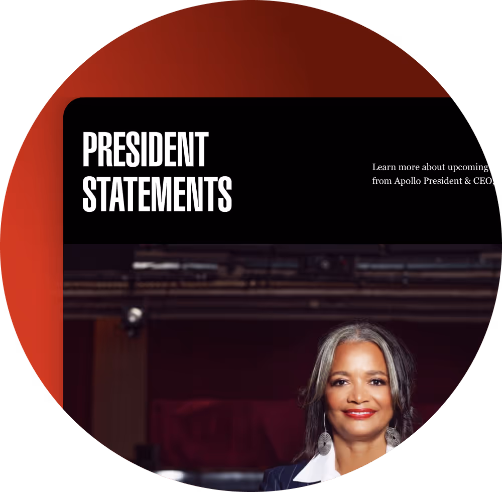 Apollo Theater website section featuring President Statements with a portrait of the Apollo President and CEO.
