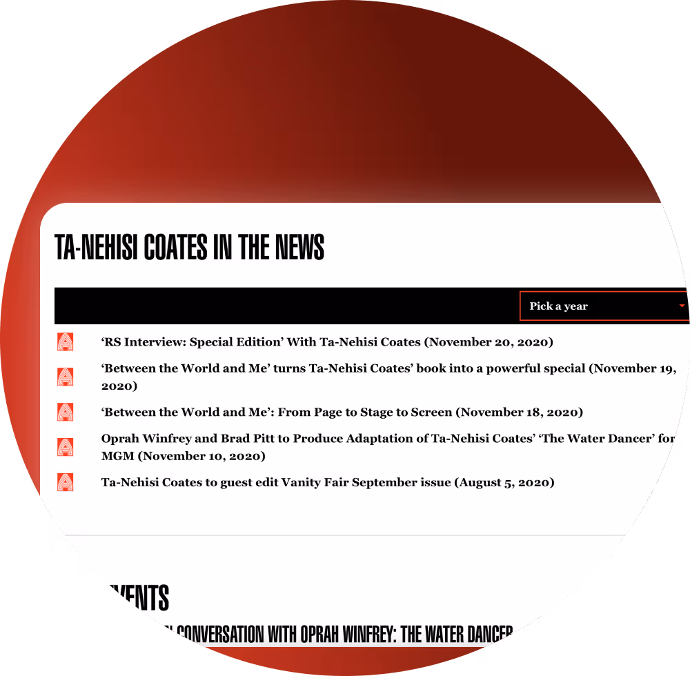 Apollo Theater website page showing Ta-Nehisi Coates in the News articles list with media headlines and publication dates.
