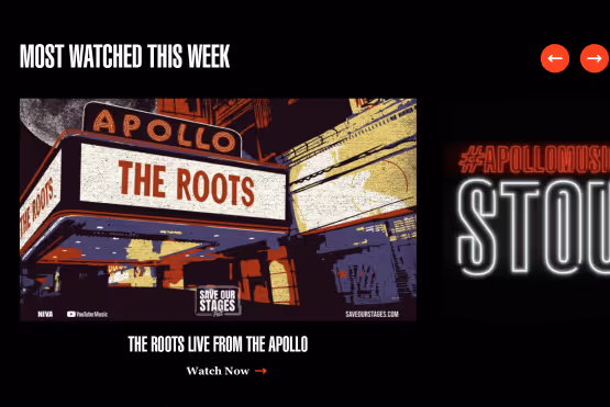 Apollo Theater website section titled ‘Most Watched This Week’ featuring The Roots Live from the Apollo marquee graphic.