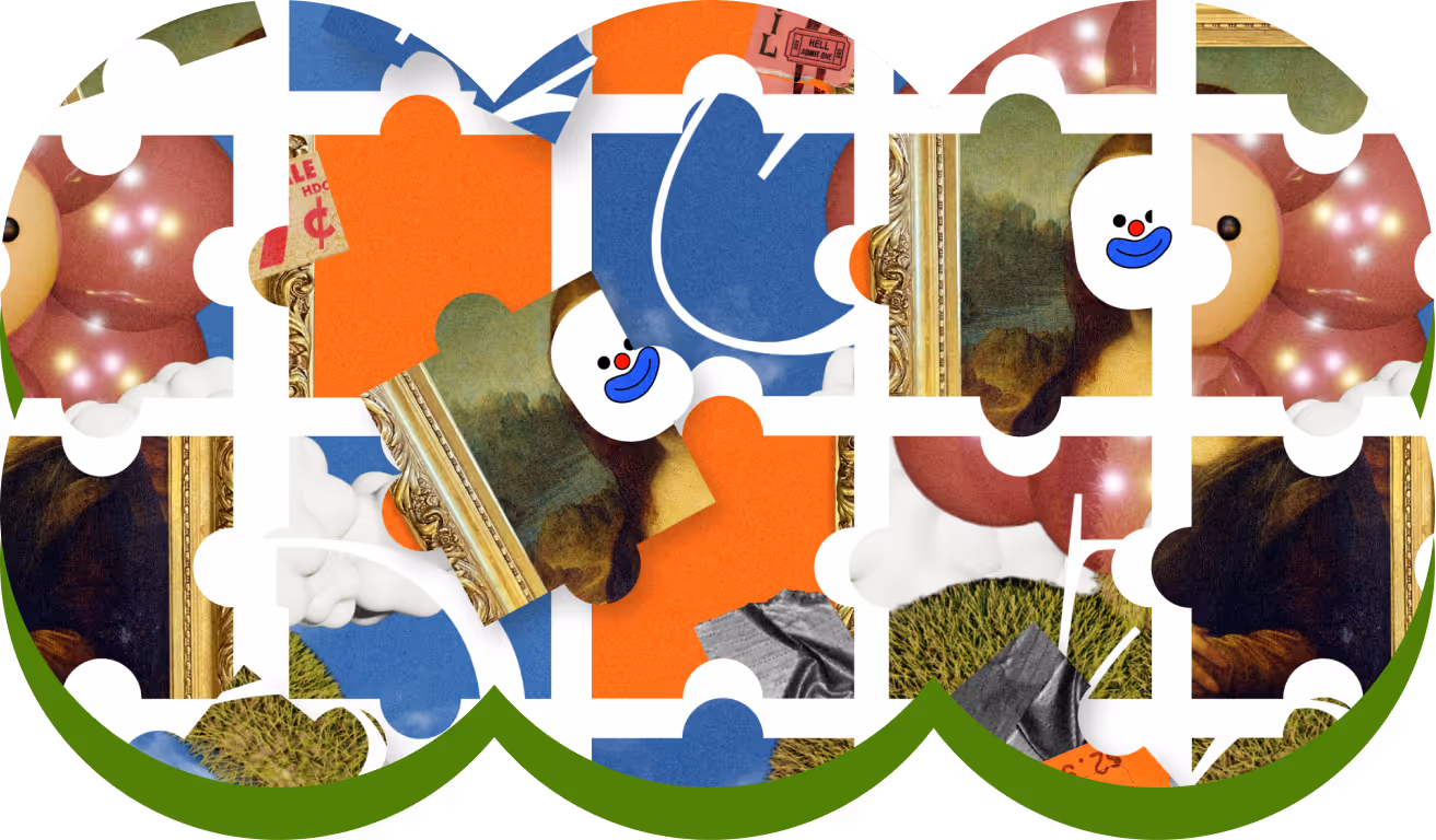 Playful collage of puzzle pieces showing fragments of the Mona Lisa, balloons, tickets, clouds, and bright orange and blue patterns.