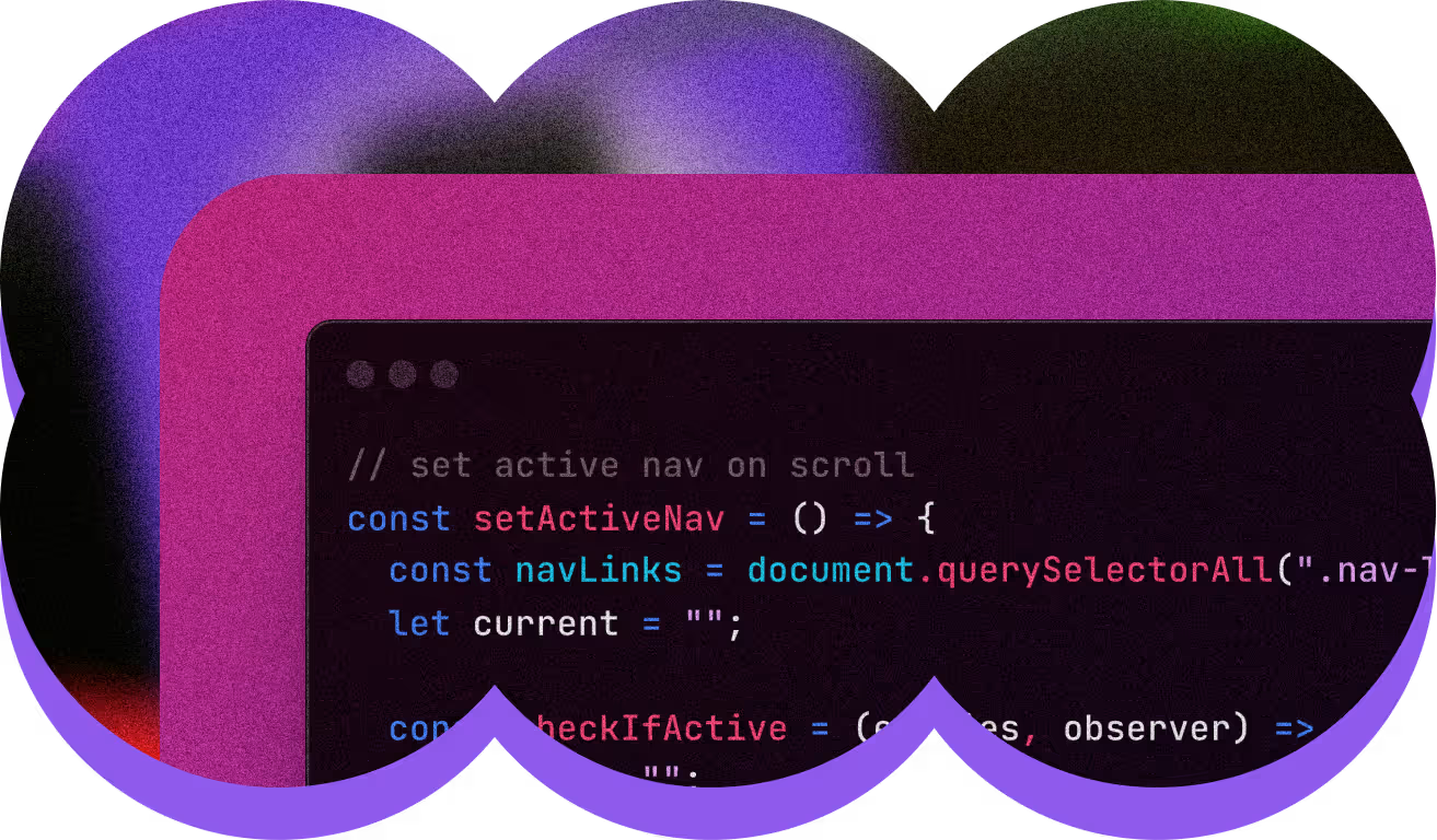 Close-up of colorful computer code on a dark screen with a pink window frame and purple gradient background.