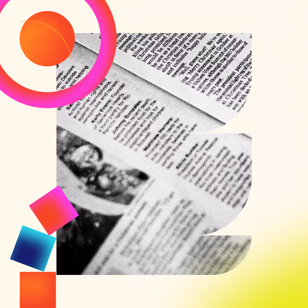 Abstract collage featuring a stylized letter ‘E’ filled with black-and-white newspaper text, surrounded by bright geometric shapes