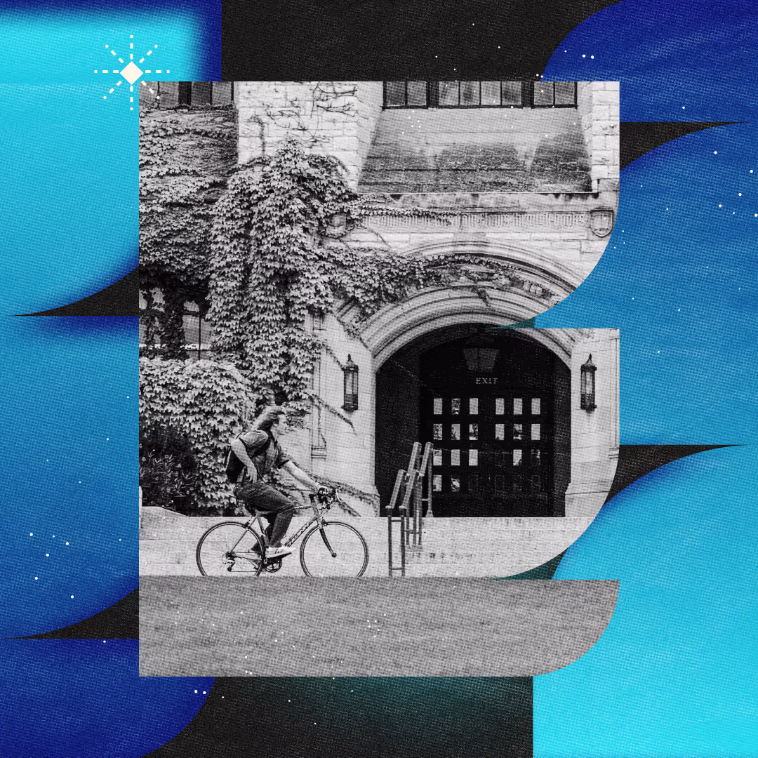 Stylized collage showing a cyclist in front of an ivy-covered campus building, framed by a blue and black abstract background