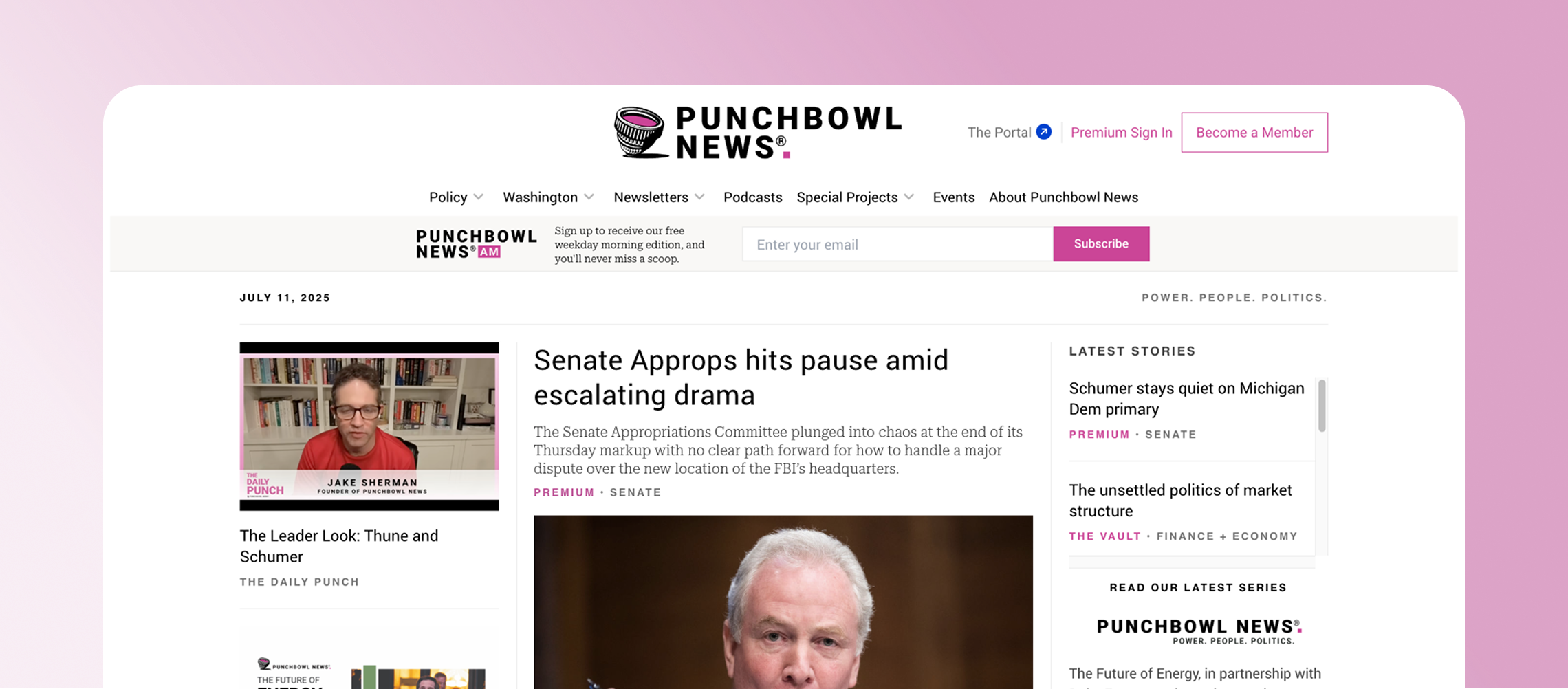 A screenshot of the Punchbowl News website homepage against a pink gradient background.