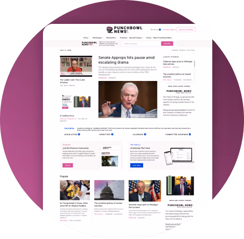 A screenshot of the Punchbowl News website homepage backed by a dark pink gradient background. 