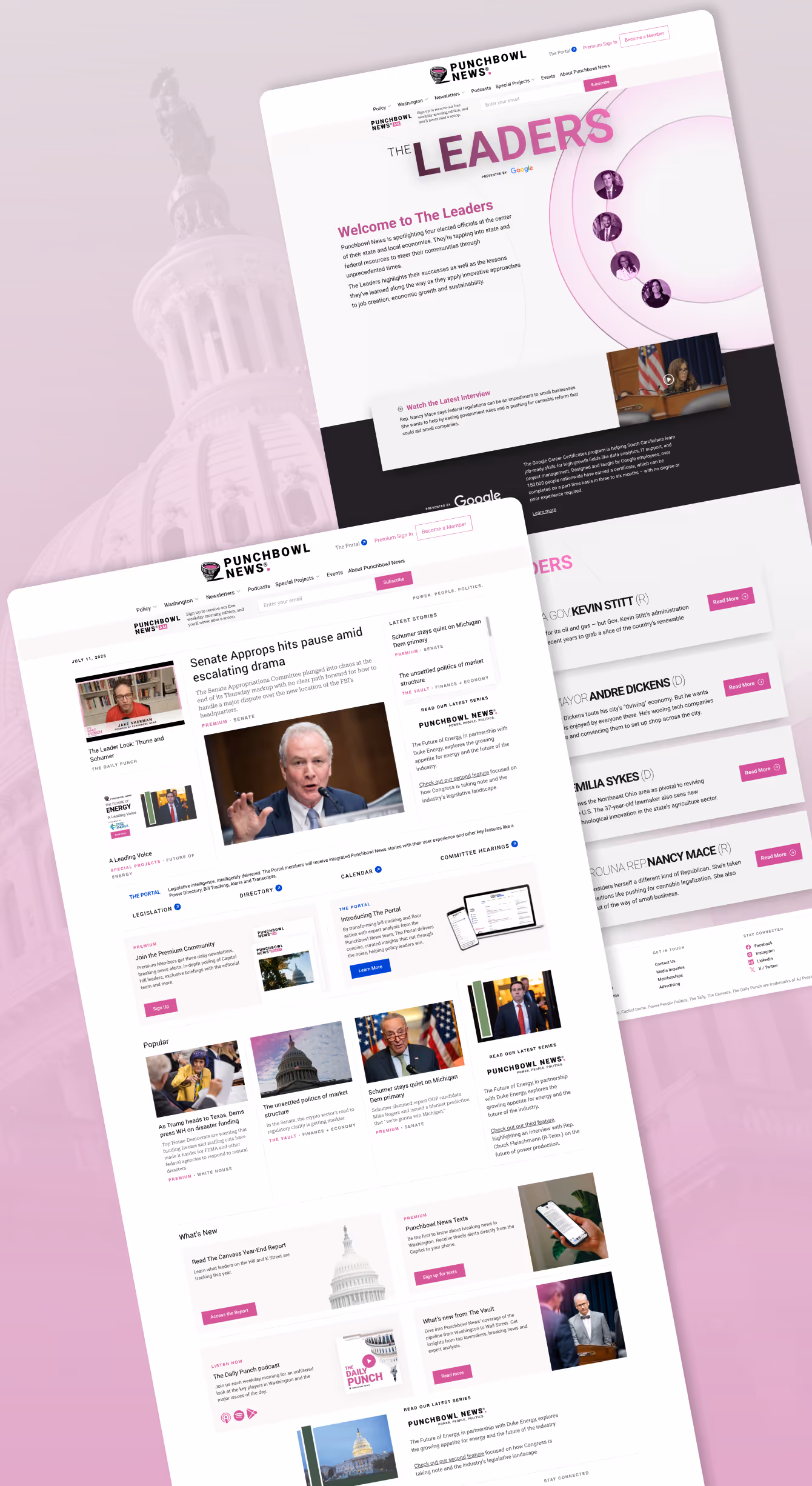A screenshot of the Punchbowl News website homepage and The Leaders webpage backed by a light pink gradient background over an image of the US Capitol building.