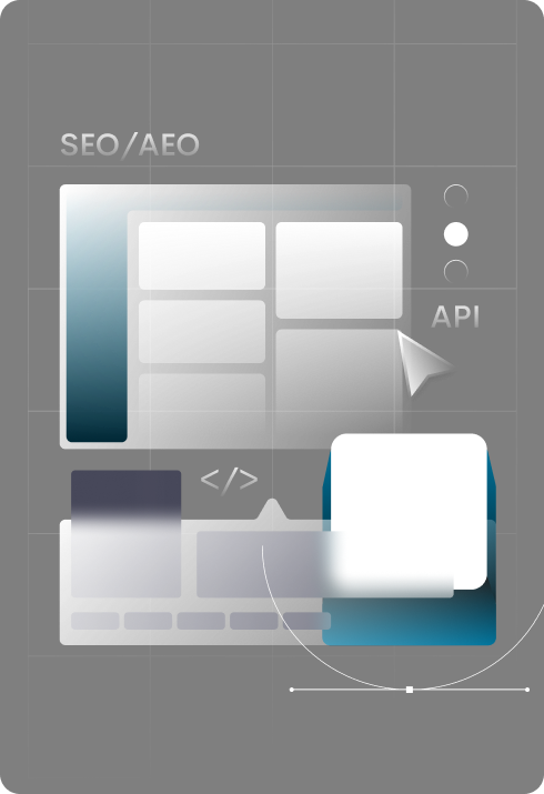 Abstract digital interface with a cursor pointing to a grid of blocks, toggle switches, code symbol, and text labels SEO/AEO and API on a black grid background.