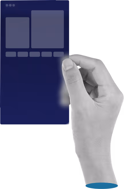 Hand holding a translucent blue digital interface panel with rectangular icons and buttons.