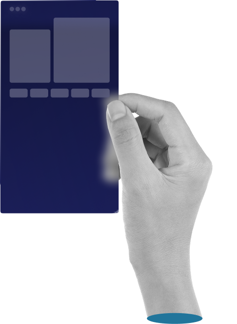 Hand holding a translucent blue digital interface panel with rectangular icons and buttons.