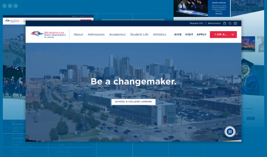 Metropolitan State University of Denver homepage showing city skyline with the text 'Be a changemaker.' and navigation menu.