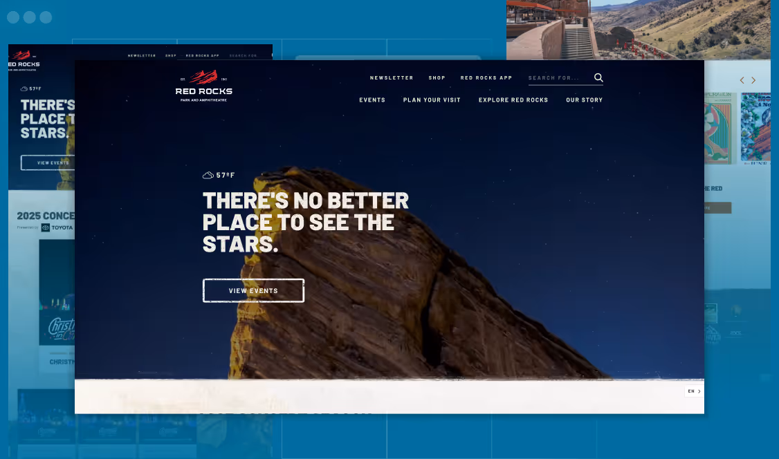 Night sky with stars above a large red rock formation at Red Rocks and text stating there's no better place to see the stars with a view events button.